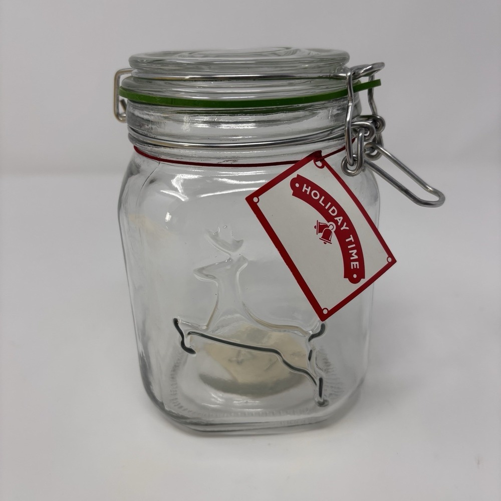 Vtg Anchor‎ Hocking Hinged Jar Clear Glass Reindeer Christmas Holiday Grannycore